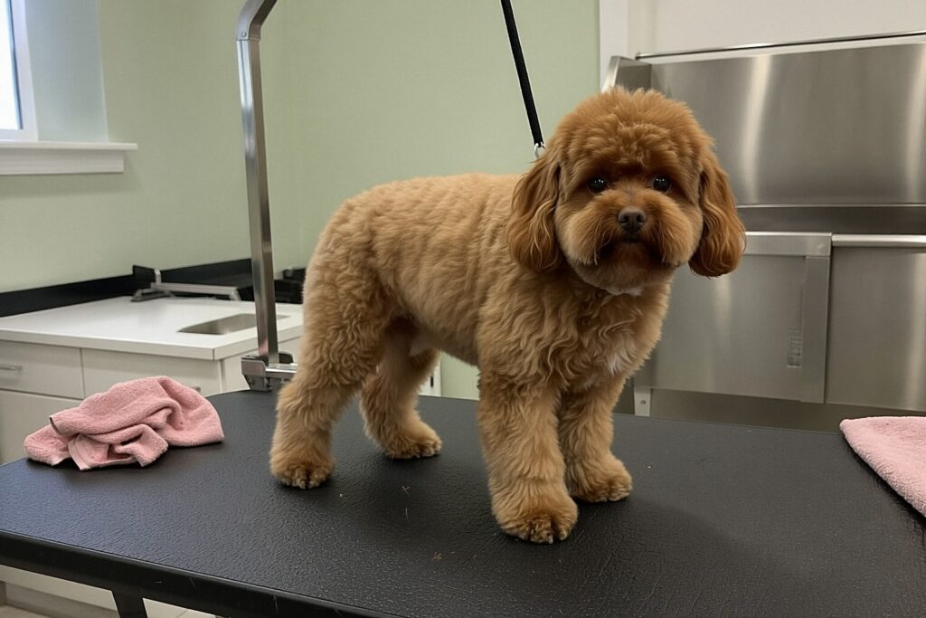 Cavapoo po strzyżeniu – równa, miękka sierść, okrągła główka i odsłonięte oczy