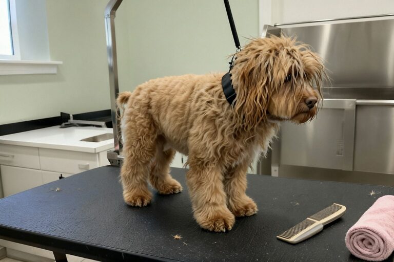 Cavapoo przed strzyżeniem – długa, falowana sierść bez kształtu, włos zasłania oczy