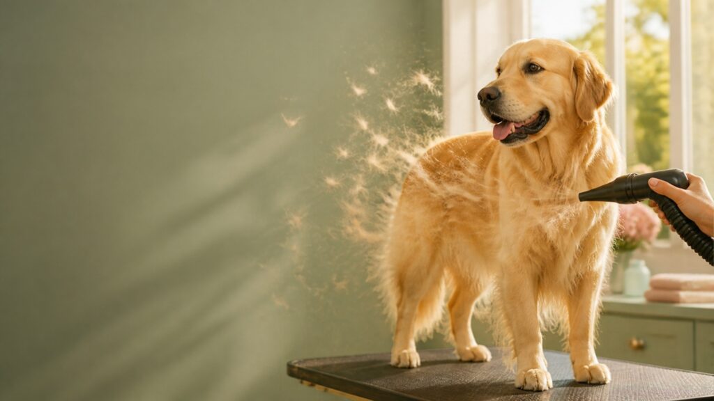 Uśmiechnięty golden retriever podczas wydmuchiwania podszerstka suszarką