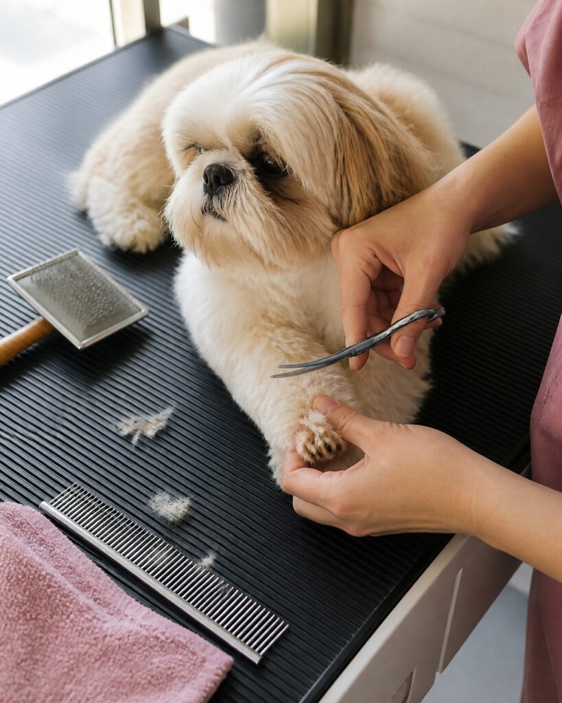 Dłonie groomerki przycinają nożyczkami sierść przy łapie shih tzu na stole groomerskim