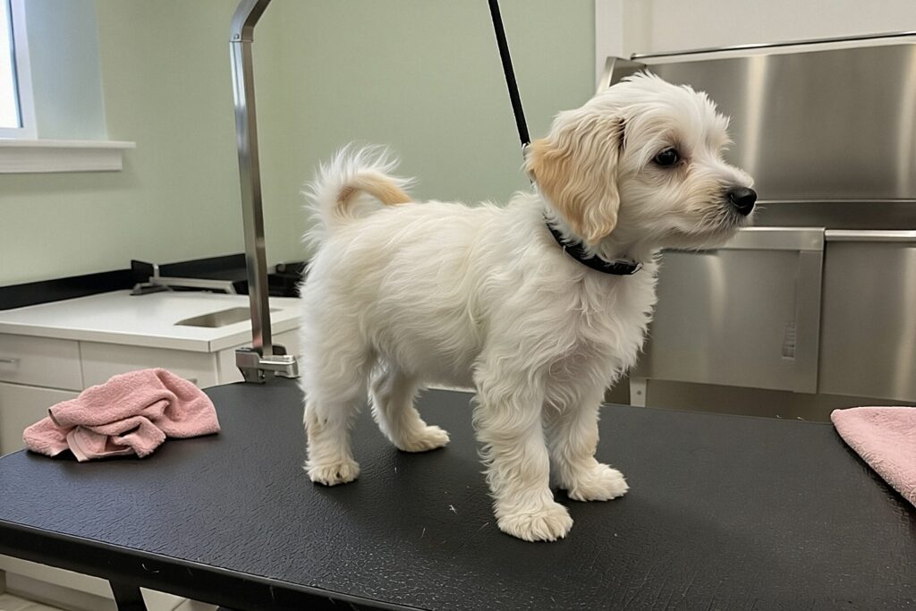 Szczeniak maltipoo po pierwszej pielęgnacji – rozczesana sierść, odsłonięte oczy i wyrównane łapy