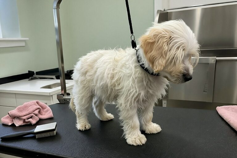 Szczeniak maltipoo przed pierwszą pielęgnacją – puszysta, nierówna sierść, włos opada na oczy