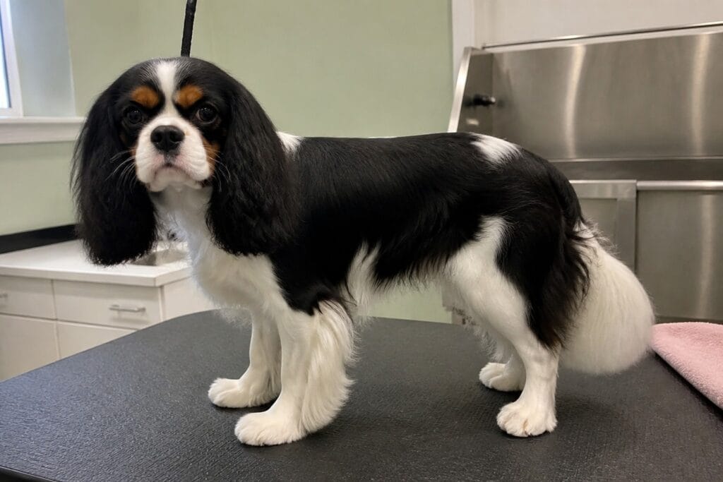 Cavalier king charles spaniel po kąpieli i rozczesaniu – gładka, lśniąca sierść