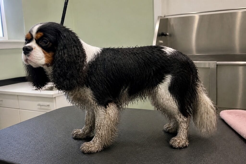 Cavalier king charles spaniel przed kąpielą – mokra, sklejona sierść i ubłocone łapy