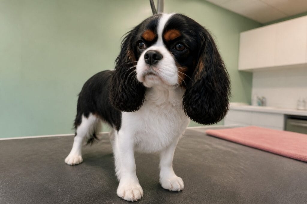 Cavalier king charles spaniel z wyrównanymi, okrągłymi łapami po strzyżeniu higienicznym