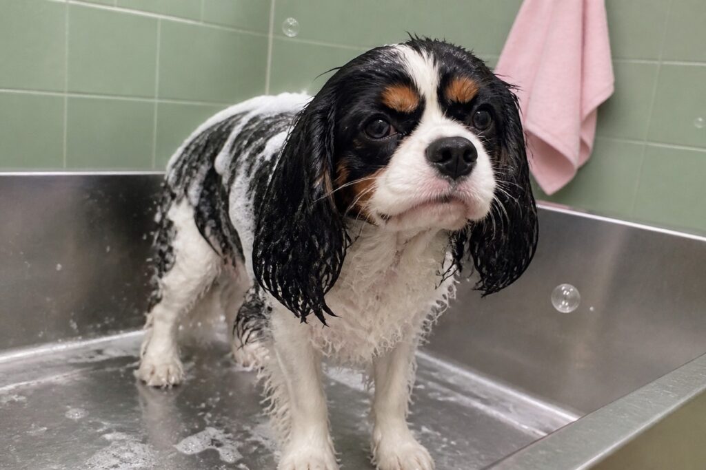 Cavalier w wannie z pianą podczas kąpieli