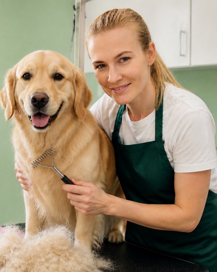 Wyczesywanie podszerstka golden retrievera zgrzebłem