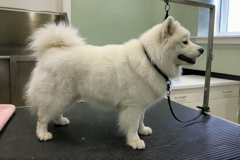 Samoyed po usunięciu podszerstka – lekka, puszysta i równa biała sierść