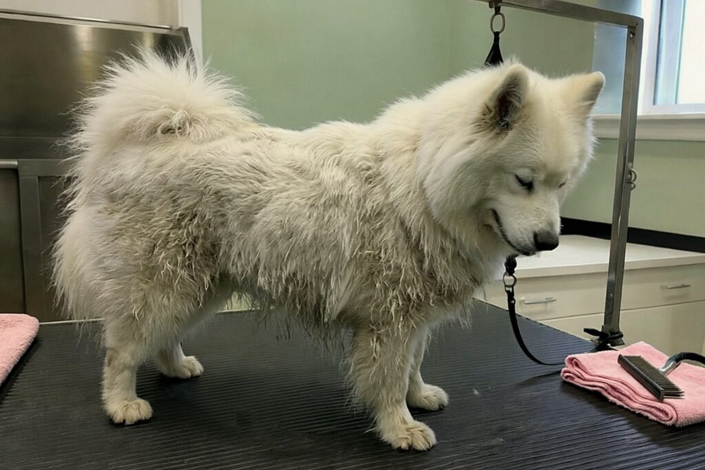 Samoyed przed wyczesaniem – zbity podszerstek wystaje kępami spod białej sierści