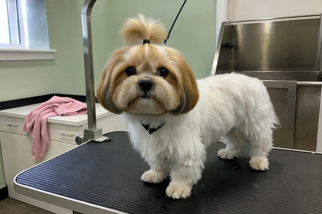 Shih tzu po strzyżeniu – krótka sierść na tułowiu, zaokrąglona broda i kucyk na czubku głowy