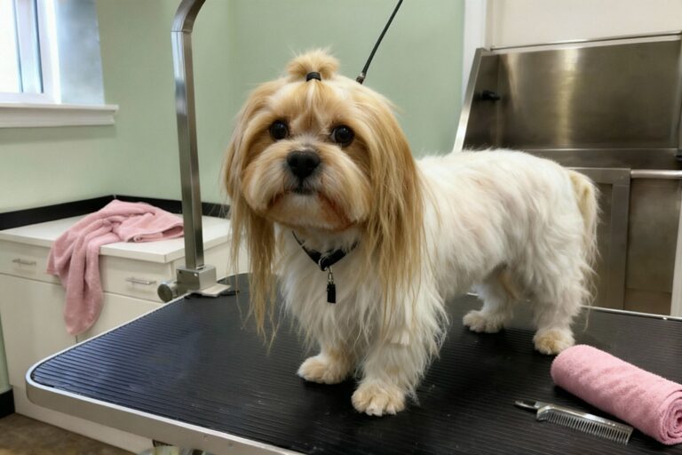 Shih tzu przed strzyżeniem – długa, potargana sierść sięga stołu, grzywka opada na oczy