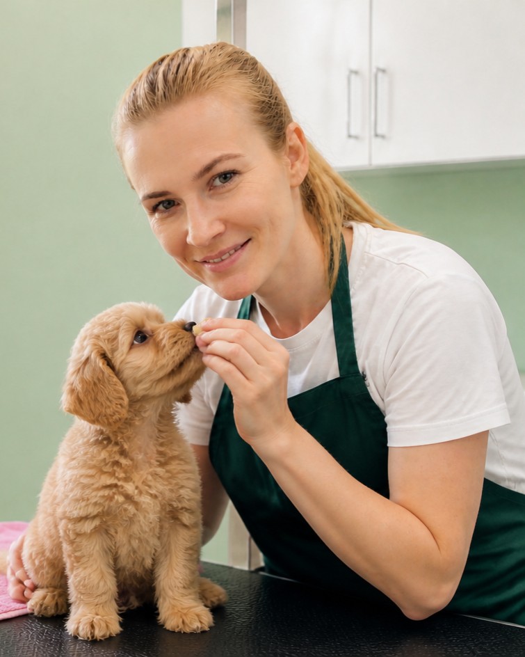 Ewelina Kurdziel daje smakołyk szczeniakowi cavapoo na stole