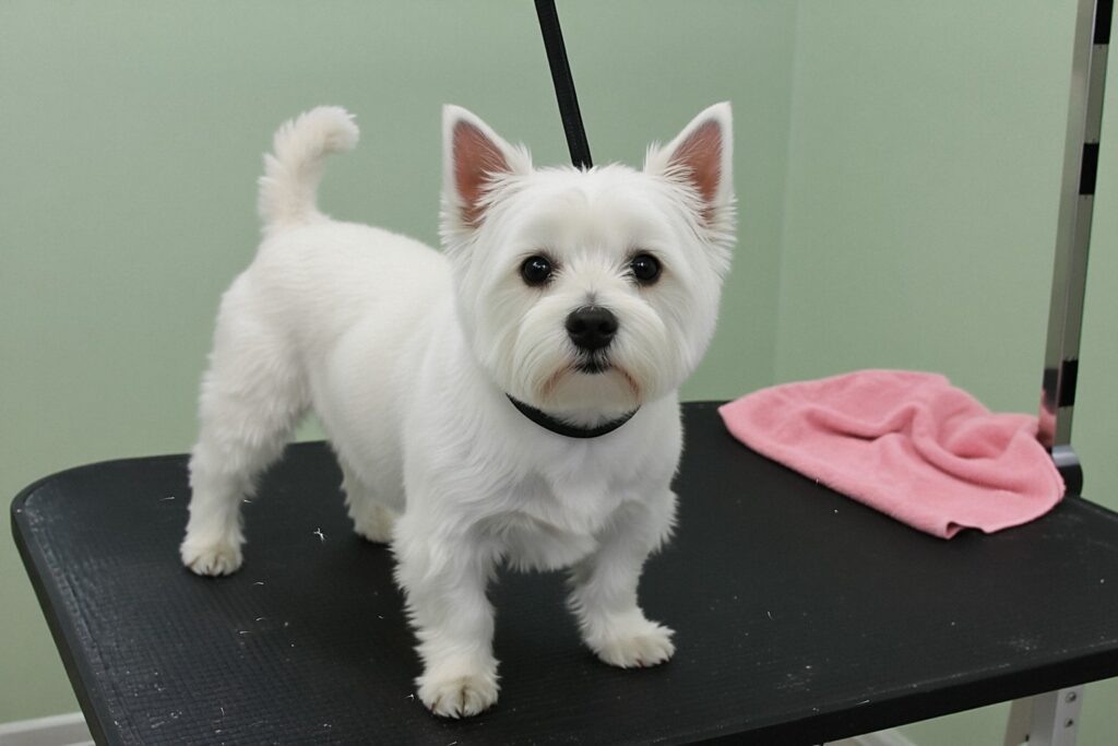 West highland white terrier po trymowaniu – równa, szorstka biała sierść i okrągła główka