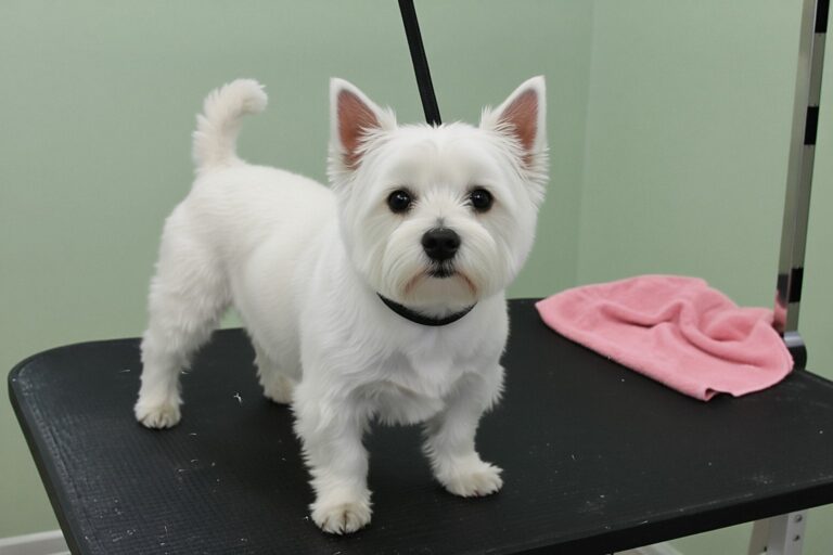 West highland white terrier po trymowaniu – równa, szorstka biała sierść i okrągła główka