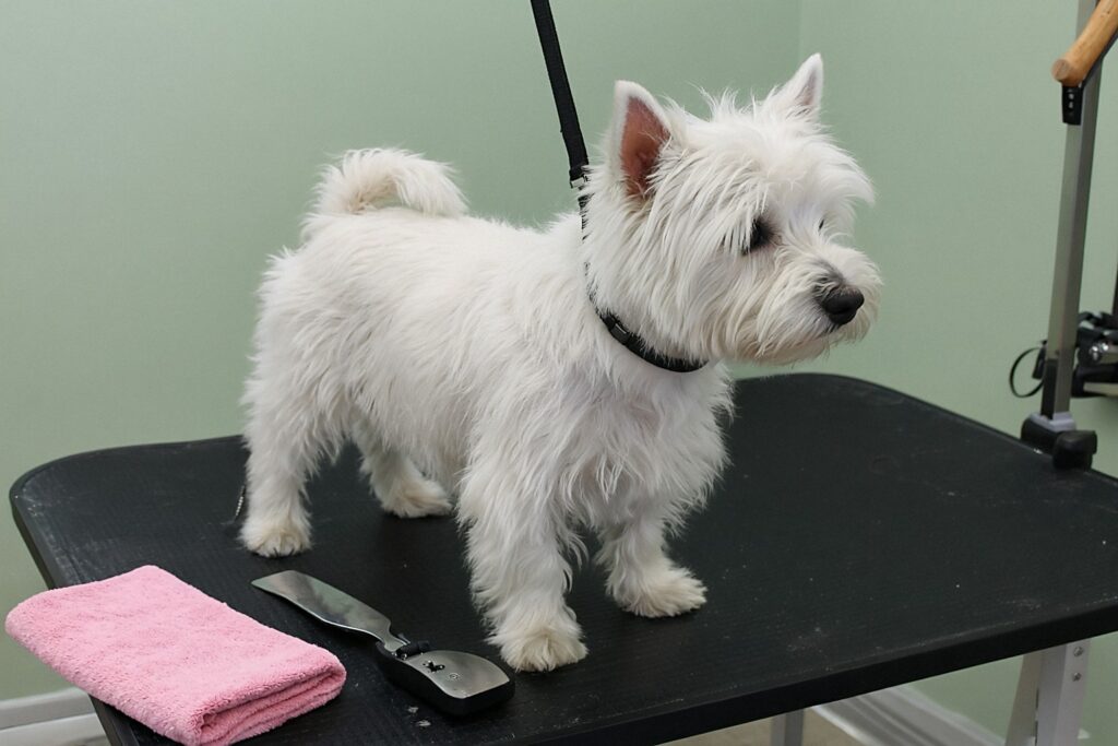West highland white terrier przed trymowaniem – przerośnięta, rozczochrana sierść i zatarty kształt głowy