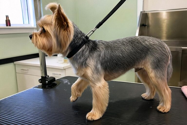 Yorkshire terrier po strzyżeniu – krótka, równa sierść, kucyk na czubku głowy i okrągłe łapy