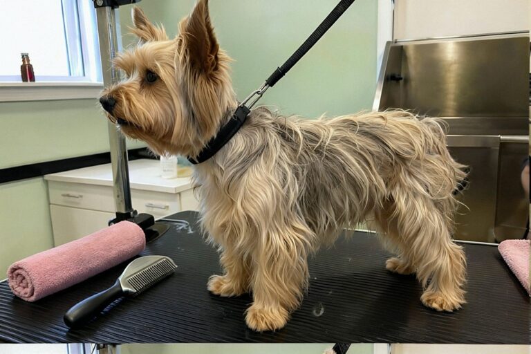 Yorkshire terrier na stole groomerskim przed strzyżeniem – długa, nierówna sierść na grzbiecie i łapach, włos opada na oczy